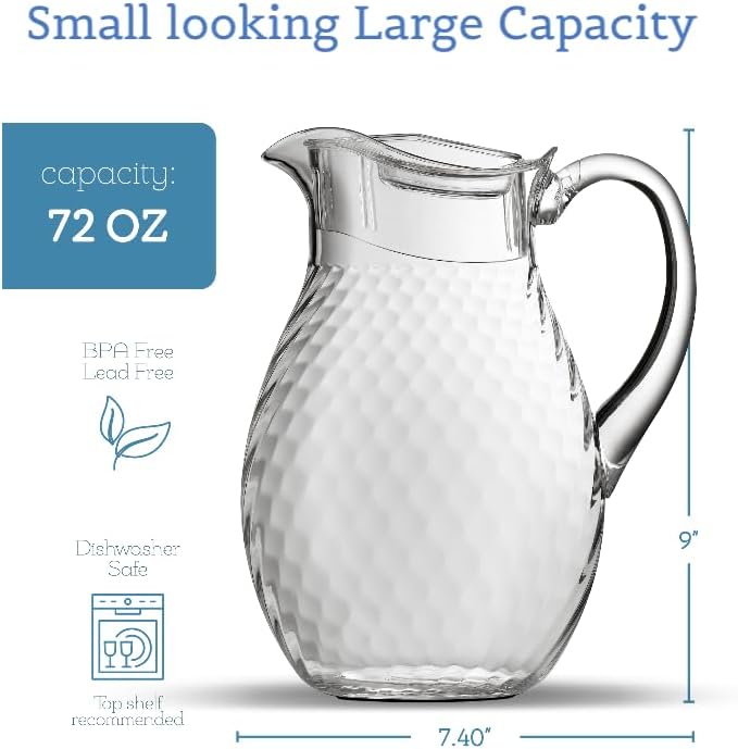 Acrylic Pitcher (72 oz), Clear Plastic, Water Pitcher with Lid