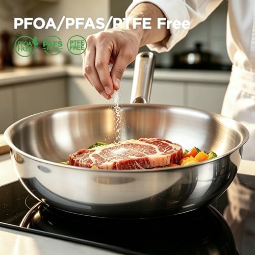 COOKER KING 10" Wok Pan with Lid, Stainless Steel Deep Skillet for Stir-Fry