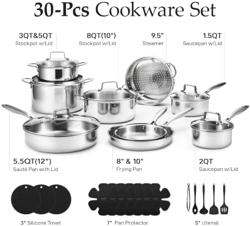 CAROTE 30 PCS Tri-Ply Stainless Steel Cookware Set, Pots and Pans Set, Non Toxic Induction Kitchen Cooking Sets, Cookware Collection, Silver