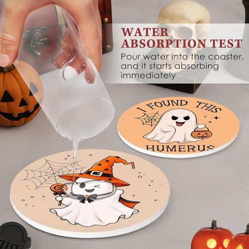 Halloween Ceramic Stone Coasters for Drinks, Set of 6, Kawaii Ghost