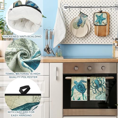 Mindsoft 6 Pcs Ocean Beach Towels, Oven Mitt and Pot Holder Set