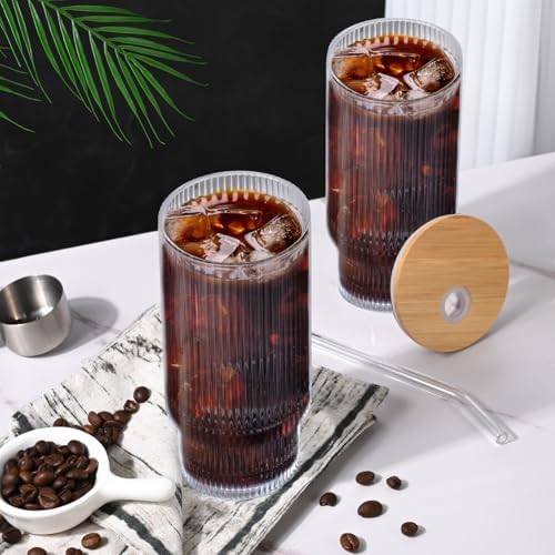 16OZ Ribbed Glass Cups with Lids and Straws,Iced Coffee Cups with