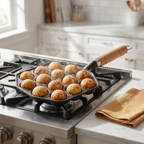 Cast Iron Takoyaki Grill Pan 14 Hole – Uncoated 6.7 Inch Octopus Ball Maker with Wooden Handle for Gas Stovetop, Induction cookers