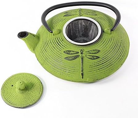 Japanese Antique 27 Fl Oz Green Dragonfly Cast Iron Teapot Tetsubin