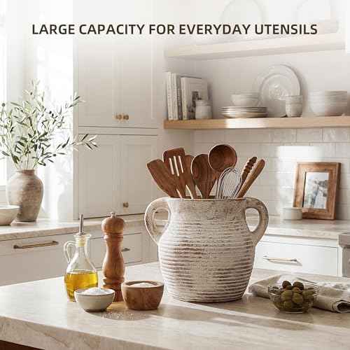 Rustic Utensil Holder for Kitchen Counter - Ceramic Farmhouse Cooking Utensil Crock & Organizer for Spatula, Spoon - Vintage Kitchen Decor (Taupe)