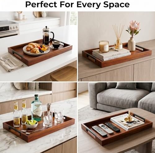 Acacia Wood Serving Tray with 2 Silicone Mats & Handles, 16.5"x12"