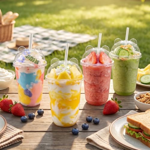Qsqwsuye 16oz 50 Set Disposable Plastic Cups with Dome Lids and Straws