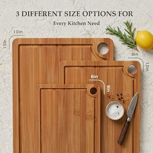 Bamboo Cutting Board Set of 3 with Juice Grooves, Built-in Handles &
