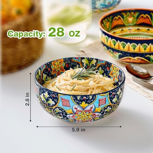 Meolibour Ceramic Cereal Bowls Set of 6, 28 oz Bohemian Soup Bowl