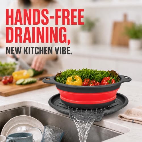 2 Collapsible Colanders with Self-Draining Tray (Red)