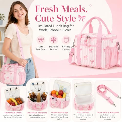 BTOOP Insulated Lunch Bag, Medium 9L, Pink Bow Strips