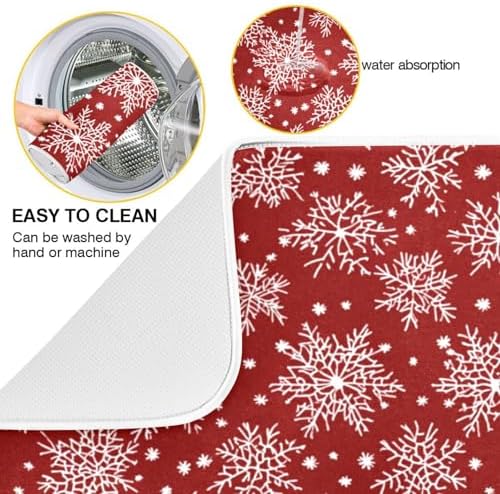 OTVEE Snowflakes’ Red Canvas Dish Drying Mat for Kitchen Counter