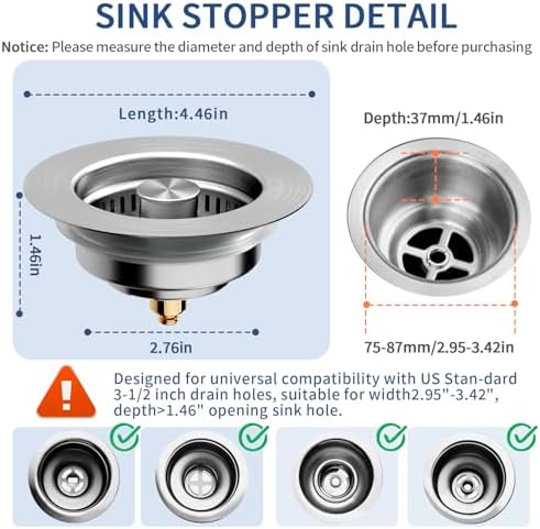 3-in-1 Kitchen Sink Drain Strainer, Stainless Steel, 3-1/2'' Drains