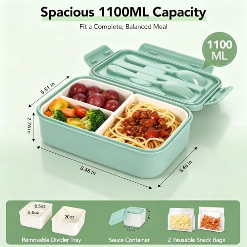 Bento Box 1100ml Lunch Container with Bag & Utensils & 2 Storage Bags
