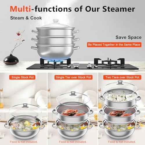 3-Tier Stainless Steel Steamer for Cooking, 28cm Multipurpose Food Steaming Cookware with Glass Lid, Dishwasher for Seafood Vegetables Rice Compatible with Gas Electric Induction & Halogen Stoves