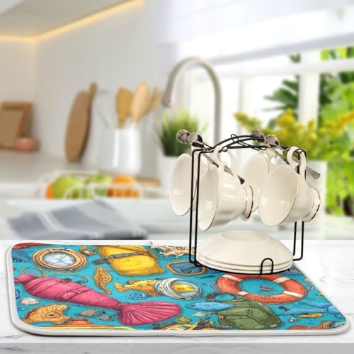 OTVEE Marine Equipment Print Dish Drying Mat for Kitchen Counter
