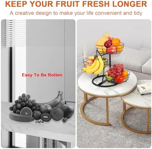Livabber Fruit Basket Bowl with Banana Hanger, Fruit Vegetable Storage Basket with Banana Tree Holder for Kitchen Counter, Detachable Organizer for Bread Snack Produce (Black, 3-Tier Metal Base)
