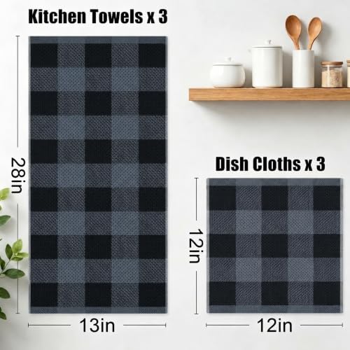 Mordimy 100% Cotton Kitchen Towels and Dishcloths Set of 6, Black &