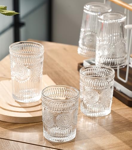 Kingrol Embossed Vintage Drinking Glasses Set of 6, 12 oz Textured