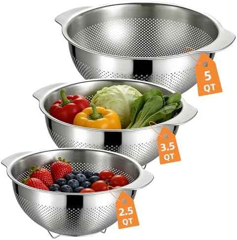 Colanders & Food Strainers,Stainless Steel Colander,3 Pcs Kitchen Strainers(2.5QT, 3.5QT, 5QT) for Pasta, Rice, Vegetables,Dishwasher Safe Metal Colander with Handles,Kitchen Gift