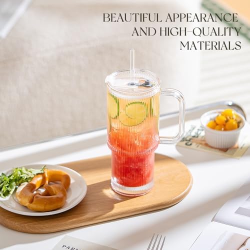KEMORELA 24oz Ribbed Glass Tumbler with Handle and Lid,Iced Coffee