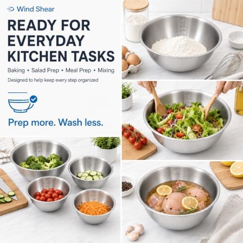 Wind Shear 4-Piece 304 Stainless Steel Mixing Bowls with Measurements