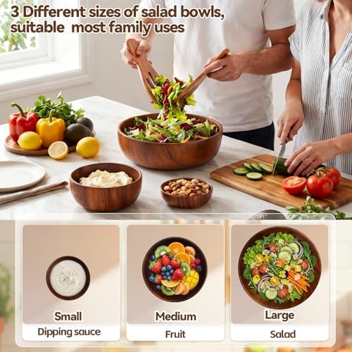 Hushee 5 Pcs Acacia Wood Salad Bowl Set 4.7" 6.3" 9.5" Wooden Mixing