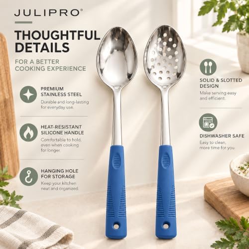 2-Piece Serving Spoons, 11.4-Inch, Solid & Slotted, Platinum Silicone