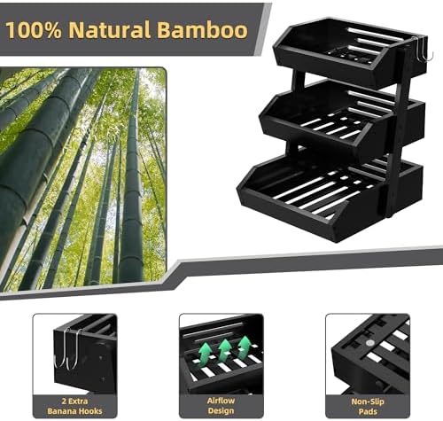 Black Bamboo 3 Tier Fruit Basket for Kitchen Counter with 2 Banana Hangers