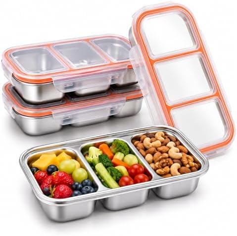 Stainless Steel Snack Containers with Lids, 3 Compartment Leakproof