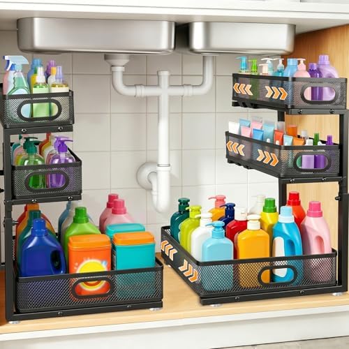 3 Tier Adjustable Under Sink Organizer for Bathroom & Kitchen(2Pack, Black)