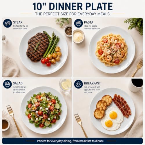 White Dinner Plates Set of 6, 10 Inch Ceramic Plates, White Porcelain