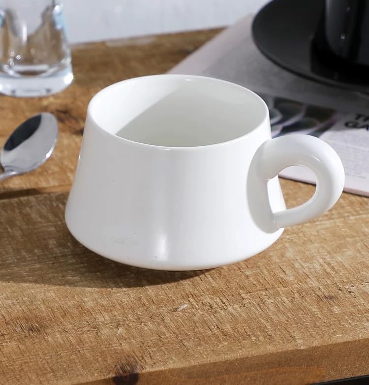 Set of 1 Ceramic Tea White Cup and Wood Saucer - 7 oz Tea Mug - Wide