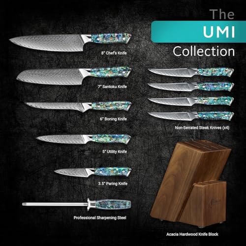 SENKEN 11-Piece Damascus Knife Block Set, Japanese VG10 Steel