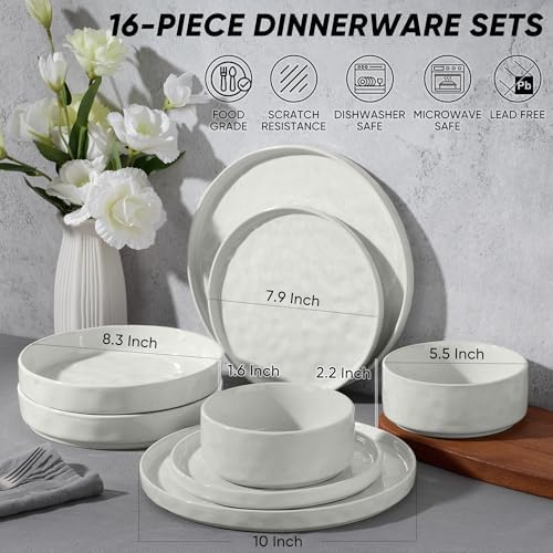 E-far Stoneware Dinnerware Set, 16-Piece White Plates and Bowls Sets