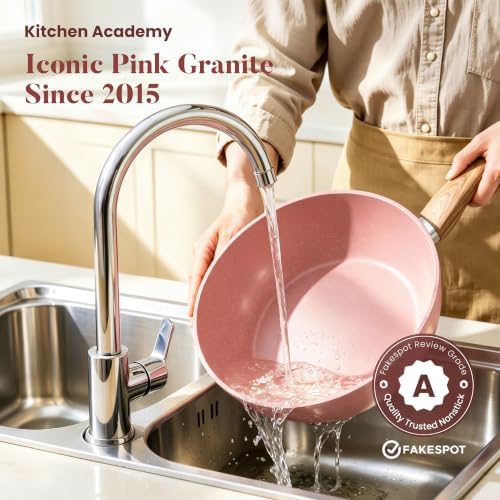 Kitchen Academy Induction Pots and Pans Set Non Stick, 12Pcs Pink