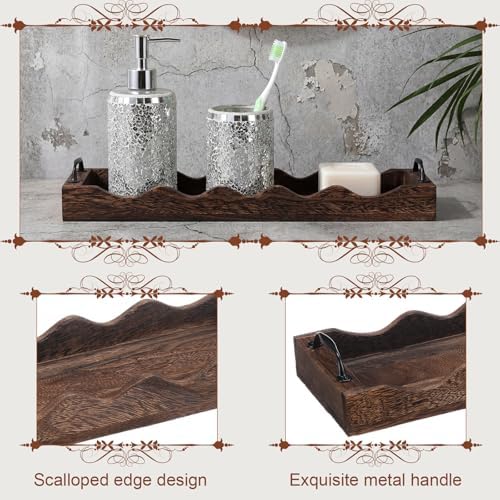 4 Pcs Scalloped Rustic Wooden Serving Trays with Handle, Brown