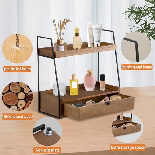 2-Tier Bathroom Countertop Organizer with Drawer, Brown