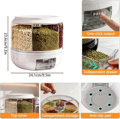 Rotating Grain Storage Bin 6 Grids Rice Container One-Click Output