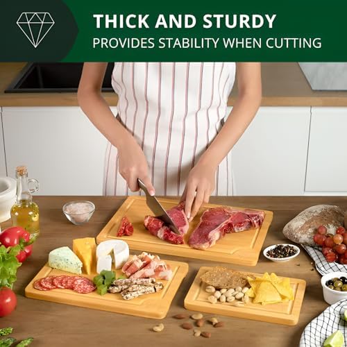 3-Piece Bamboo Cutting Board Set - Heavy Duty Butcher Block with Deep