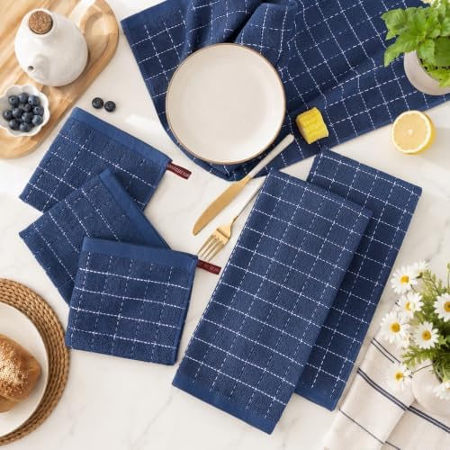 Kitinjoy 100% Cotton Kitchen Towels and Dishcloths Set, Navy Blue