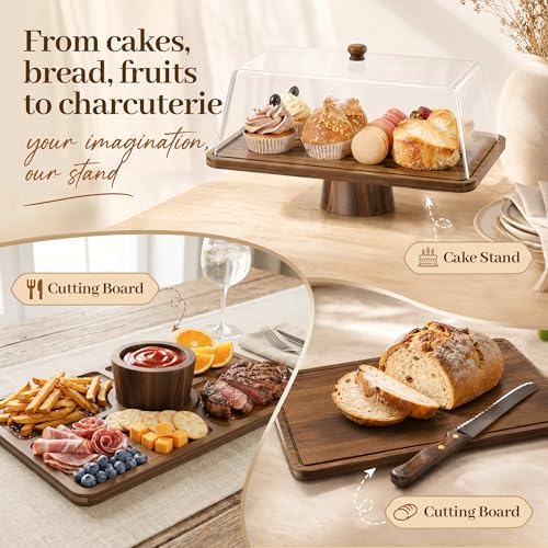 Acacia Wood Cake Stand with Shatterproof Lid, 16" 2-in-1 Rectangle