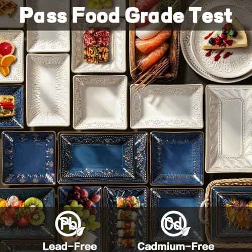 Artena Salad Plates Set of 4, 9.85" Embossed Ceramic Rectangular Appetizer Plates, Deep Lipped Edges, Microwave & Dishwasher Safe, Dessert Sushi Pasta Serving Plates (White, Multiple Patterns)
