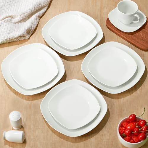 10" Square Dinner Plates Set of 4, White Ceramic Plates for Dinner