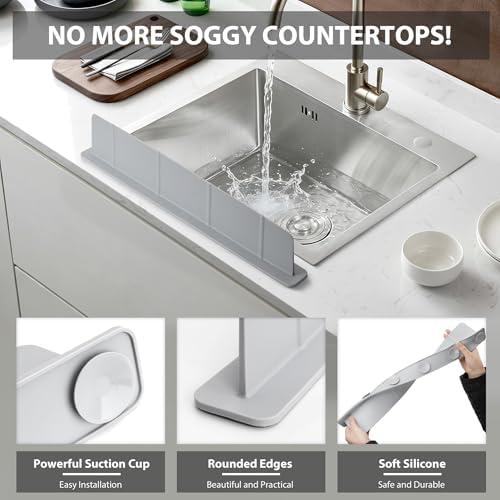 Silicone Sink Splash Guard with Strong Suction Cups, Grey, 20 in