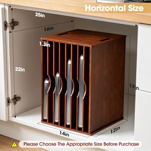 8-Tier Baking Sheet Organizer for Cabinet, 17 x 12 x 14 in Wooden Tray Divider Rack, Bamboo Cutting Board, Pan, Tray and Cookie Sheet Organizer for Kitchen Storage