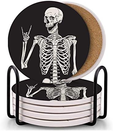 Britimes Skeleton Coasters for Drinks, Set of 6, Ceramic Stone, Black