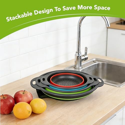 Collapsible Colander Set of 3 with Kitchen Counter Self-draining Base