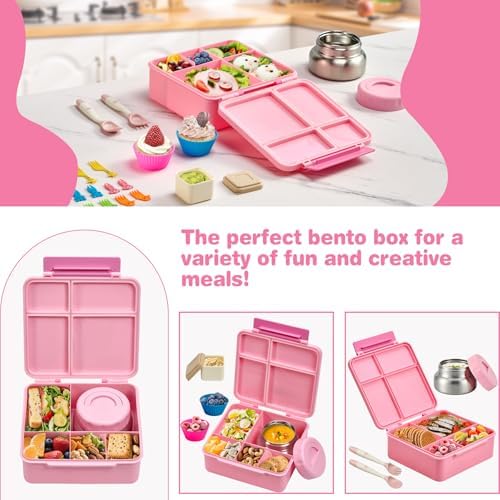 Bento Lunch Box with 9.5 oz Soup Thermo, Kids Leakproof 4 Compartments
