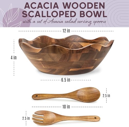 Wood Salad Bowl with Serving Utensils - Large Scalloped Decorative 12"